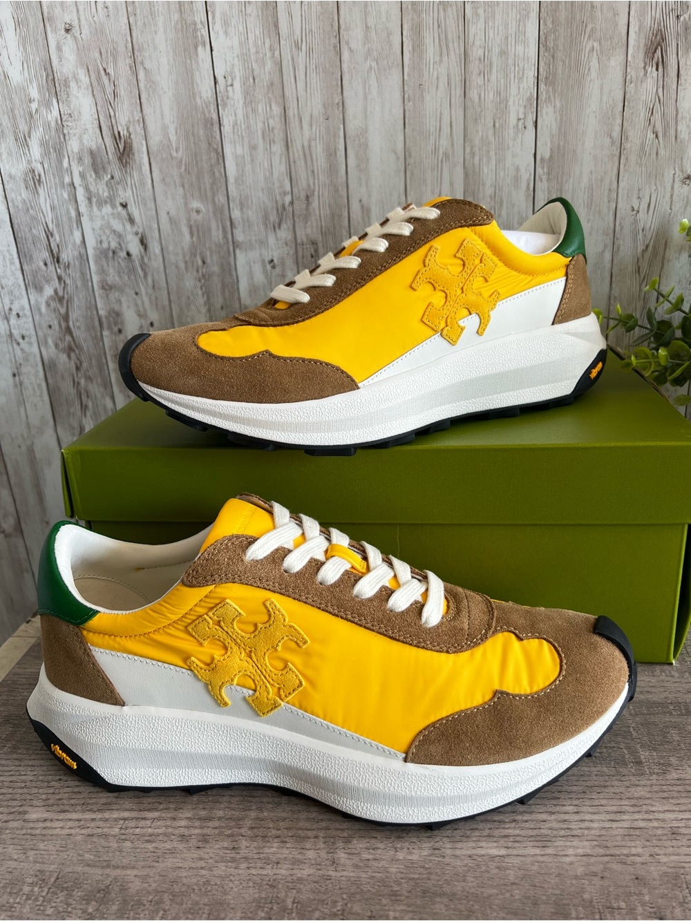Tory Burch Trainer Colorblock Yellow, Brown & Green Runner Sneakers NEW 9.5